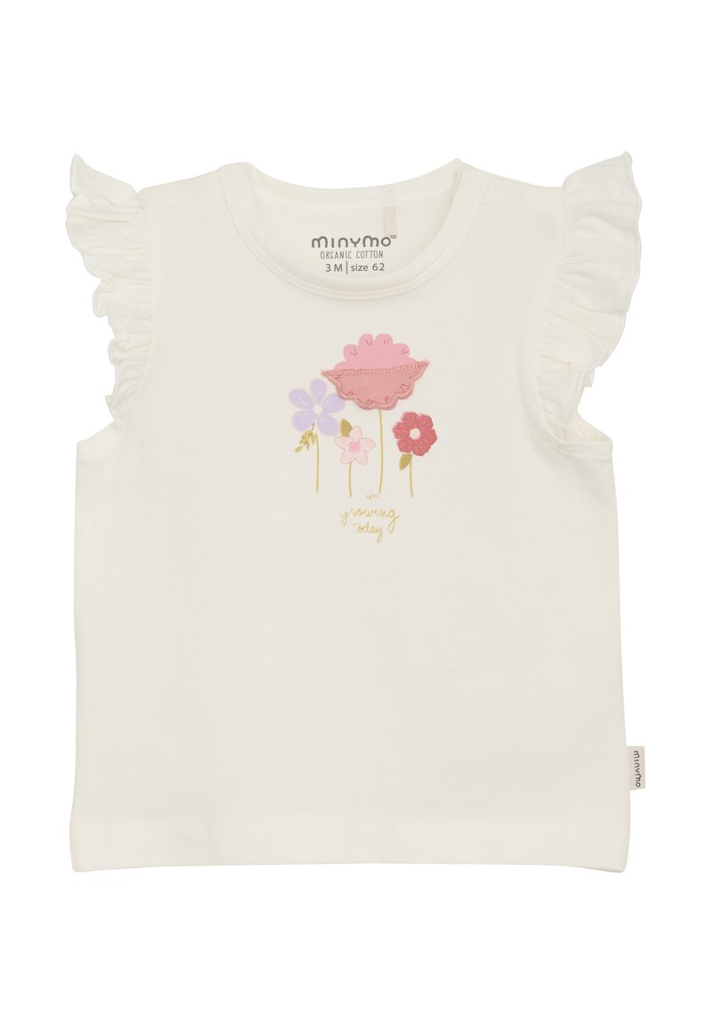 Hvid økologisk bomulds t-shirt med flæser på skuldrene. Har et broderet design af farverige blomster og teksten "Jeg vokser i dag."