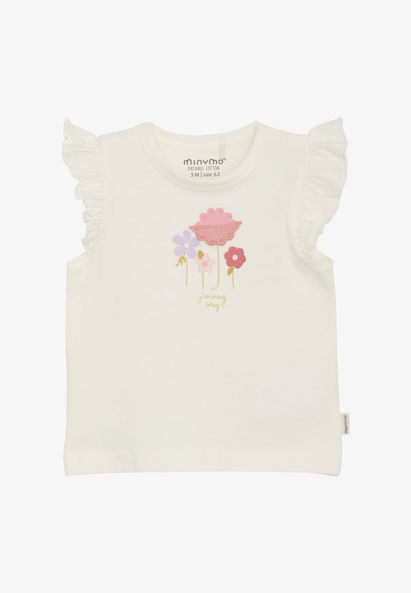 White organic cotton t-shirt with ruffled shoulders. Features an embroidered design of colorful flowers and the text “I'm growing today.”