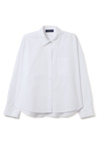 Chemise blanche à manches longues, avec un col et une poche avant, présentée à plat sur un fond blanc.