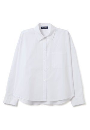 Chemise blanche à manches longues, avec un col et une poche avant, présentée à plat sur un fond blanc.