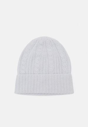 Light gray knit beanie with a ribbed fold-over brim and twisted cable pattern. Soft texture and rounded top.