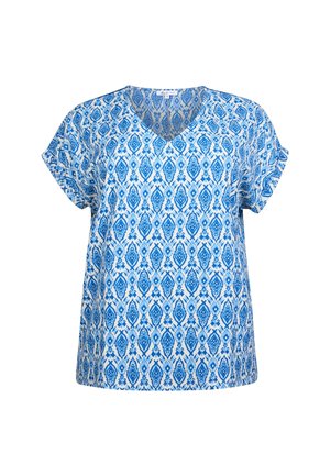 Blauw en wit gebloemde blouse met een V-hals, korte mouwen en een volledig diamantmotief in verschillende tinten blauw. Zachte stofstructuur.