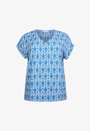 Blauw en wit gebloemde blouse met een V-hals, korte mouwen en een volledig diamantmotief in verschillende tinten blauw. Zachte stofstructuur.