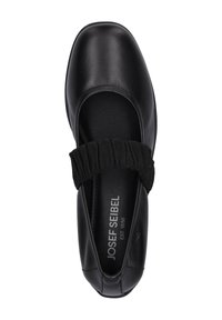 Ballerines en cuir noir avec un bout rond, présentant une bande élastique noire texturée sur le coup de pied, semelle intérieure de marque "Josef Seibel."