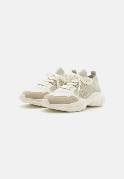 Lightweight sneakers with a mesh upper in cream and beige, featuring suede accents, lace-up closure, and a cushioned sole design.
