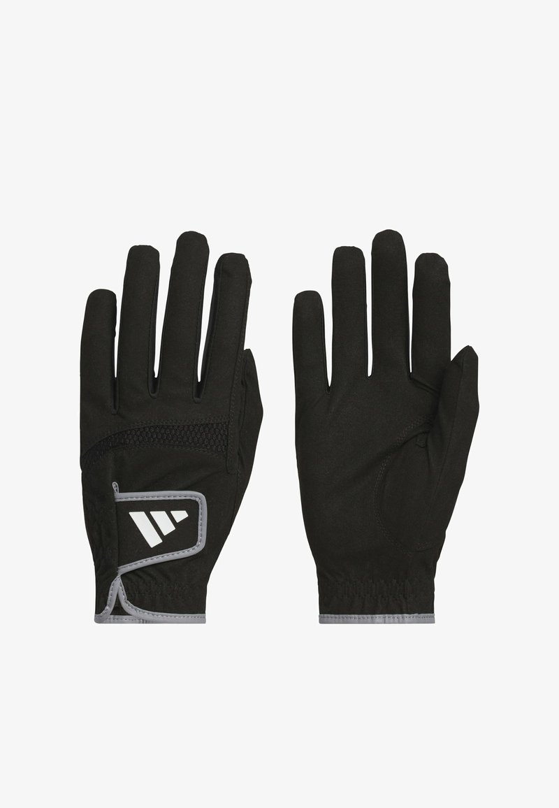 Gants noirs à doigts complets avec poignets élastiques, bordure réfléchissante, maille respirante à l’arrière et un logo blanc sur la fermeture du poignet du gant gauche.