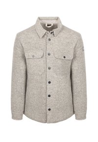Grijze wollen shirtjack met een textuurafwerking, voorzien van twee borstzakken, zwarte knopen en een kraag. 