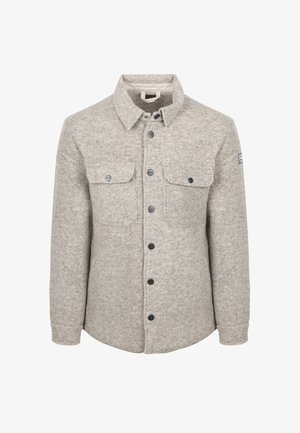 Grijze wollen shirtjack met een textuurafwerking, voorzien van twee borstzakken, zwarte knopen en een kraag.