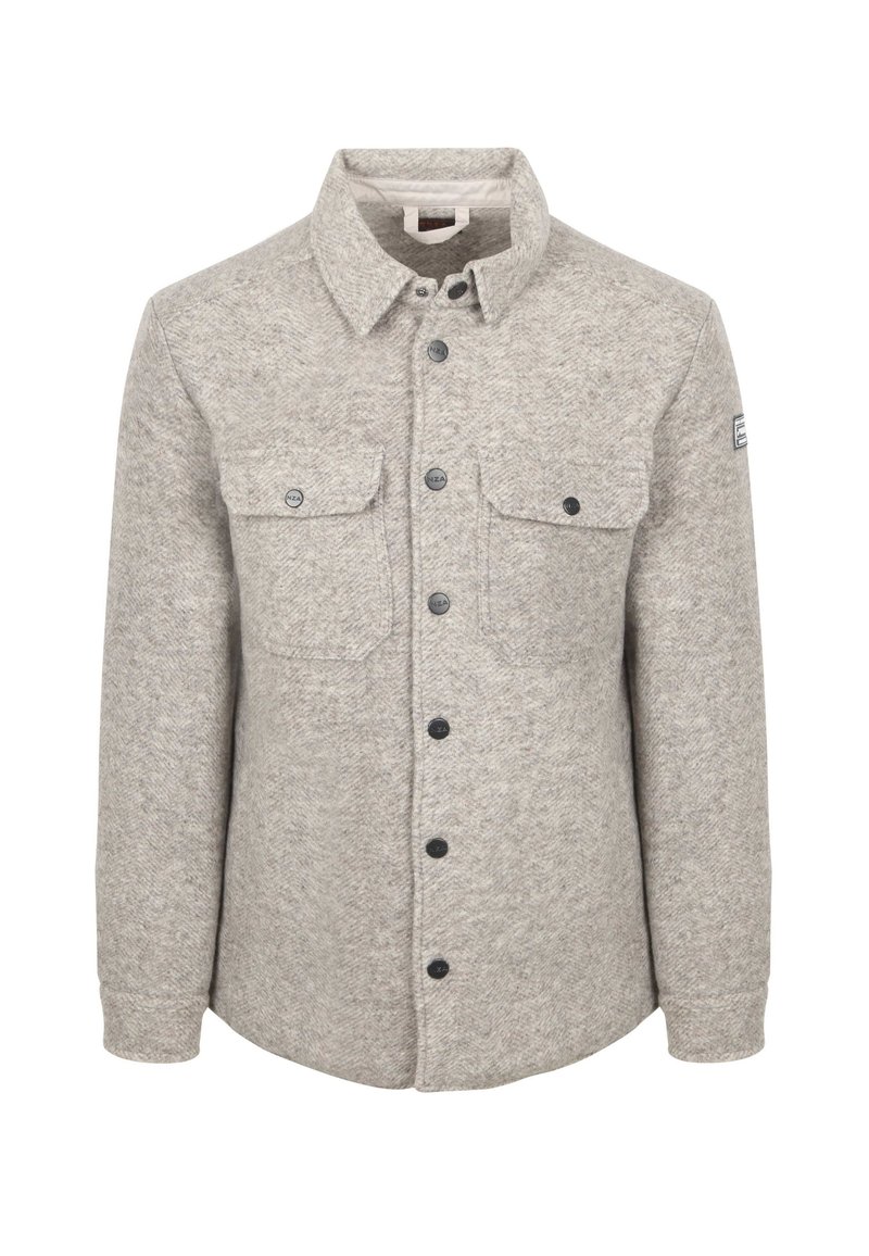 Grijze wollen shirtjack met een textuurafwerking, voorzien van twee borstzakken, zwarte knopen en een kraag. 