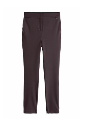 Donkerpaarse broek van rekbare stof, met een gladde textuur, slim fit en een discrete tailleband zonder zichtbare bevestigingsmiddelen.