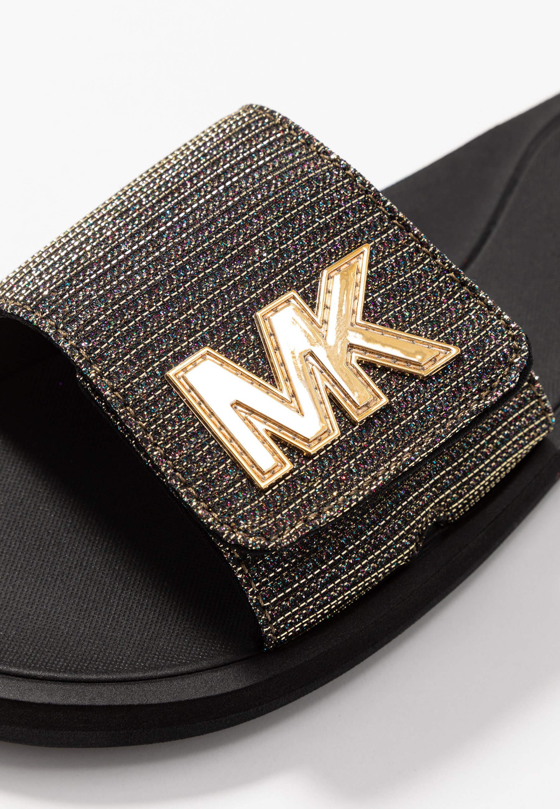 Michael kors black and gold slides best sale