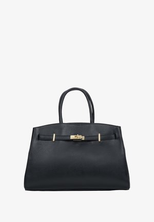 Zwarte leren handtas met een gestructureerd oppervlak, twee handvatten, gouden metalen accenten en een gestructureerde vorm. Voorzien van een veilige sluiting met haak.