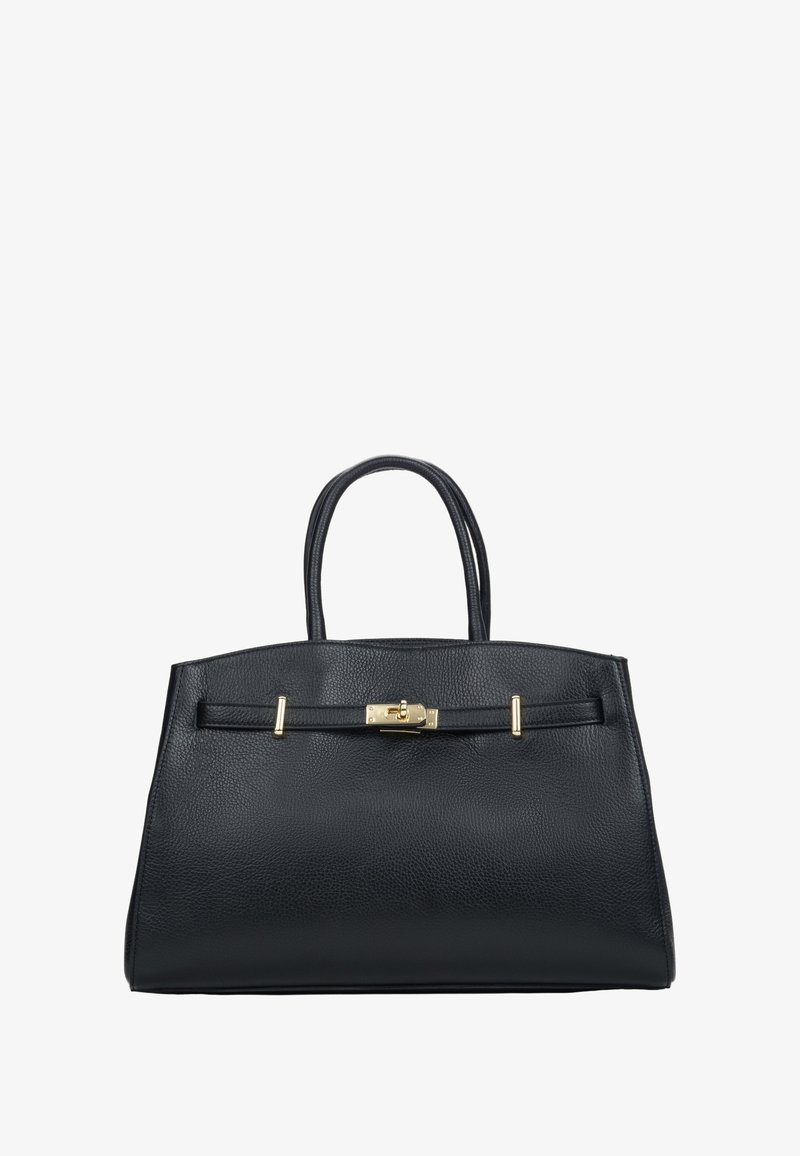 Zwarte leren handtas met een gestructureerd oppervlak, twee handvatten, gouden metalen accenten en een gestructureerde vorm. Voorzien van een veilige sluiting met haak.