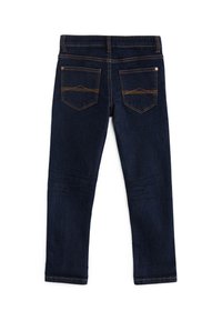 Ciemnoniebieskie dżinsy o slim fit, z dwiema tylkimi kieszeniami i żółtymi przeszyciami. Teksturowane detale na kolanach dodają interesującego wzoru.