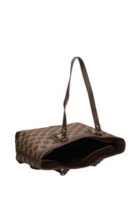 Sac à main marron à motifs avec des anses en cuir, de forme rectangulaire, rehaussé de accents en or, et une fermeture éclair ouverte révélant un intérieur sombre.