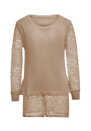 Beige strikket sweater med struktureret mønster foran og gennemsigtige blonde lange ærmer, med en scoop-udskæring og afslappet pasform.