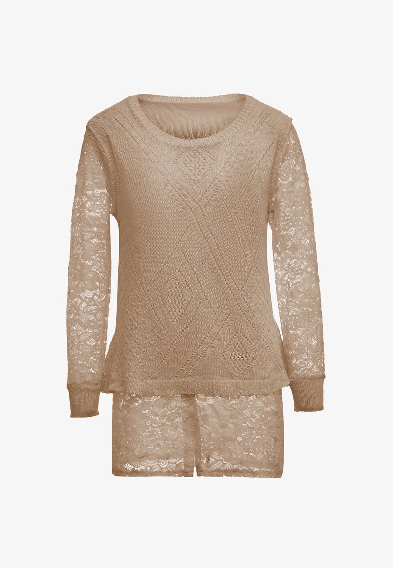 Beige gestrickter Pullover mit strukturiertem Muster an der Vorderseite und transparenten, langen Spitzenärmeln, mit Rundhalsausschnitt und lässiger Passform.