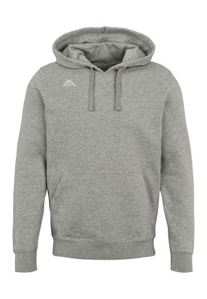 Grå hettejakke med forlompe, snor i hetten og liten hvit logo på venstre bryst, vist på en ensfarget hvit bakgrunn.