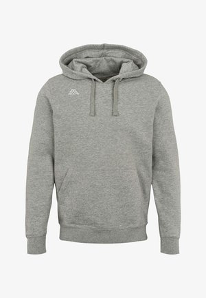 Grå hettejakke med forlompe, snor i hetten og liten hvit logo på venstre bryst, vist på en ensfarget hvit bakgrunn.