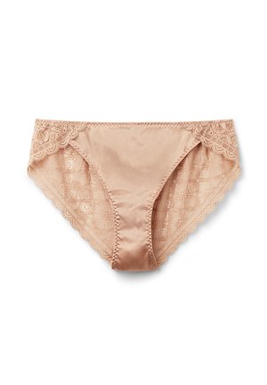 Nude satijnen en kant slip met ingewikkelde bloemenkantafwerking, geschulpte randen en een gladde textuur. Klassiek medium hoog ontwerp.