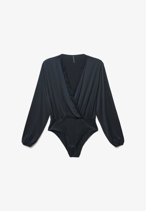 Black long-sleeve bodysuit with deep V-neck, lace trim, fitted waist, and snap closure at the bottom.