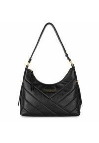 Sort skuldertaske i læder med quiltet design, gulddetaljer og enkelt håndtag. Har lynlås og dekorativ kvast.