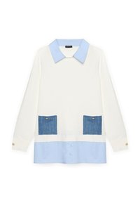 Cămașă albă cu mâneci lungi, guler și tiv de culoare albastru deschis, având două buzunare din denim albastru în față, cu butoane.