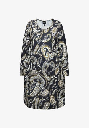 Zwarte jurk met lange mouwen, met een paisleypatroon in goud, wit en crème. Taille met taille-invoering en ronde halslijn. Gladde stofstructuur.