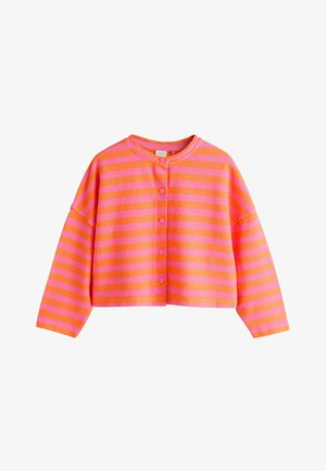 Rosa und orange horizontal gestreifte, kurze Strickjacke mit langen Ärmeln, Rundhalsausschnitt und fünf Knöpfen vorne.