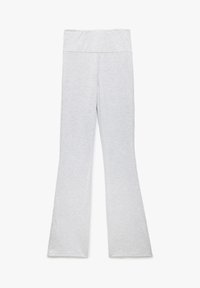 Ljusgrå utsvängda leggings med bred midja, tillverkade av en slät tygkvalitet, med en mjuk textur och minimal sömnadsdetalj.