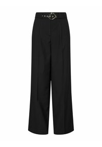 Černé široké kalhoty vyrobené z hladkého materiálu, s vysokým pasem, poutky na opasek a kovovou sponou. Plisé na přední straně s volnějším střihem.