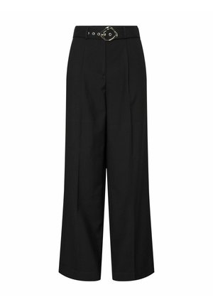 Černé široké kalhoty vyrobené z hladkého materiálu, s vysokým pasem, poutky na opasek a kovovou sponou. Plisé na přední straně s volnějším střihem.
