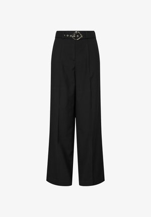 Zwarte wijde broeken van soepele stof, met een hoge taille, riemlussen en een metalen gesp. Plissé voorkant met een relaxte pasvorm.