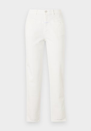 Straight-leg white jeans with front pockets, belt loops, and a button closure at the waistband.