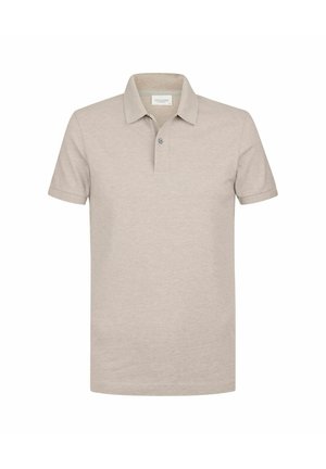 Beige poloshirt gemaakt van een katoenmengsel, met een klassieke kraag, drie knopenrij en korte mouwen. Glad oppervlak met een minimalistisch ontwerp.