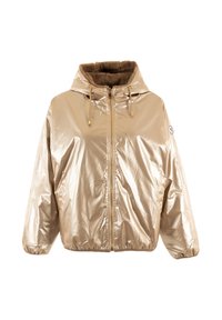 Chaqueta acolchada metálica dorada con capucha, forro marrón suave, puños elásticos y cordones en el cuello. Cierre de cremallera frontal.