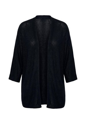 Schwarze Strickjacke mit offenem Vorderteil, Dreiviertelärmeln und entspanntem Schnitt, dargestellt vor einem schlichten weißen Hintergrund.