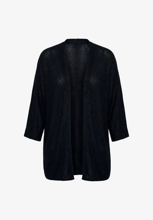 Sort åben strikket cardigan med tredelte ærmer og en afslappet pasform, vist på en helt hvid baggrund.