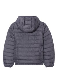 Dunkelgraue wattierte Jacke mit Kapuze. Mit horizontalen Nähten, elastischen Bündchen und einer glatten, strukturierten Oberfläche. Rückansicht wird angezeigt.