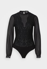 Svart bodysuit med gjennomsiktig, langermet blondefront, høy hals og bølgekant. Glatt stoff i bunnen for en tettsittende passform.