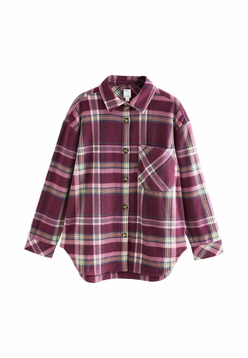 Burgundo spalvos plaid marškiniai su mygtukais, dideliais mygtukais, ryškiai išsikišusiu apykakle, ilgomis rankovėmis, krūtinės kišene ir išlenktu apatiniu kraštu. Minkšta audinio tekstūra.