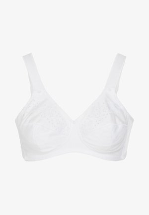 Weißer BH mit besticktem Detail, breiten Trägern und Unterstützungsdesign. Hergestellt aus weichem Stoff mit glatter Textur.