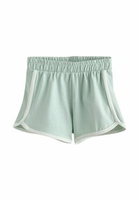 Licht muntgroene sport shorts met een elastische tailleband, witte rand langs de zoom en een losse, comfortabele pasvorm.