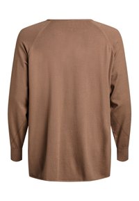 Hnedý sveter s dlhými rukávmi, okrúhlym výstrihom, raglánovými rukávmi a hladkou textúrou. Bez viditeľných vzorov alebo kovových detailov.