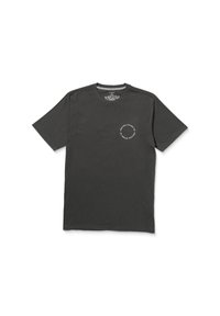 T-shirt gris à manches courtes, en coton, avec un logo circulaire sur la poitrine gauche et un col ras du cou avec un intérieur rayé.