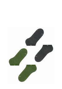 Deux paires de chaussettes basses : une gris foncé et une vert olive uni, présentées à plat avec un léger chevauchement.