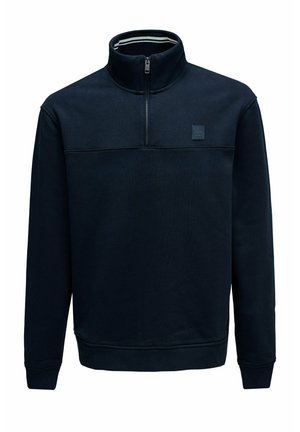 Donker marineblauwe pullover met quarter-zip kraag, geribbelde manchetten en zoom, en een klein vierkant logo op de borst.