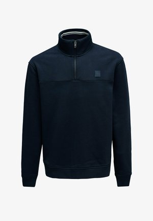 Donker marineblauwe pullover met quarter-zip kraag, geribbelde manchetten en zoom, en een klein vierkant logo op de borst.