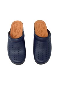 Zoccoli blu navy con design perforato, realizzati in materiale leggero. Presentano una soletta marrone con il marchio "Fly Flot".