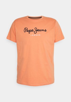 Kurzärmliges oranges T-Shirt aus Baumwolle mit rundem Halsausschnitt, schwarzem "Pepe Jeans"-Logo und dem weißen Text "LONDON" darunter.
